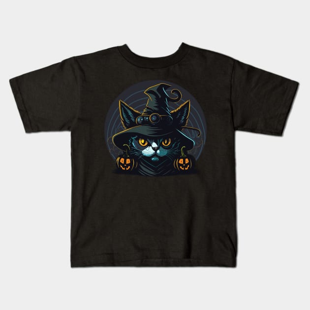 Scary Black Cat Witch Kids T-Shirt by Etopix